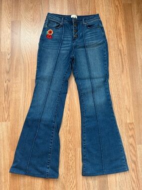 ModCloth High-Waist Dark Blue Flare Jeans with Embroidered Detail